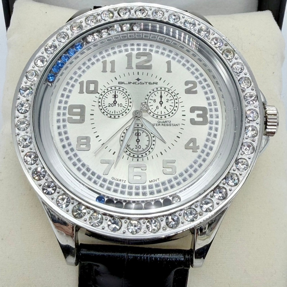 Blingster 5292 Mens Quartz Stainless Steel‎ Black Leather Silver Crystal Watch